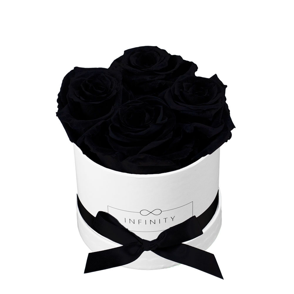 Infinity Small Flowerbox mit 4 konservierten schwarzen Rosen in weißer runder Box mit Satinband
