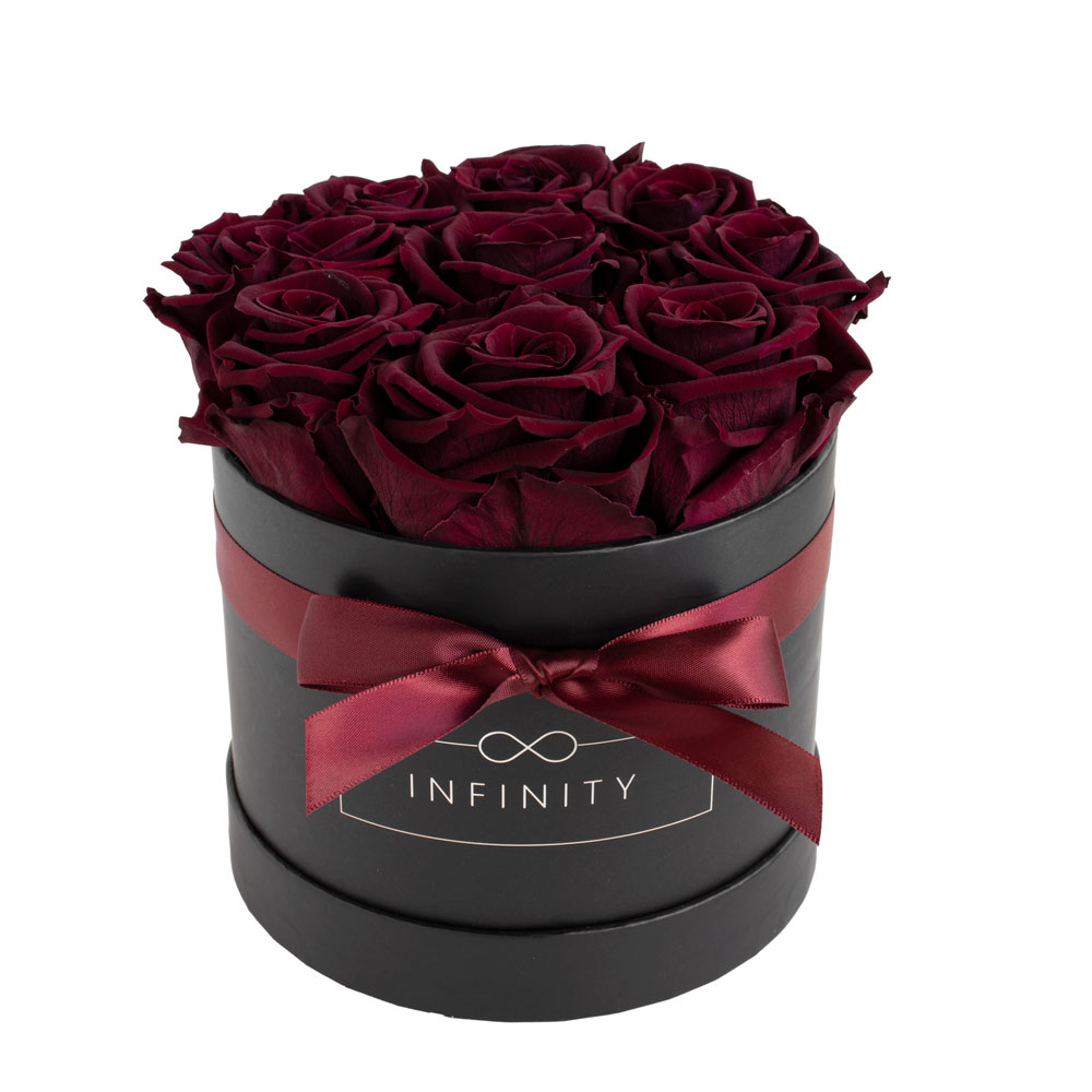 Infinity echte 9 haltbare dunkelrote Rosen in Box mit Schleife