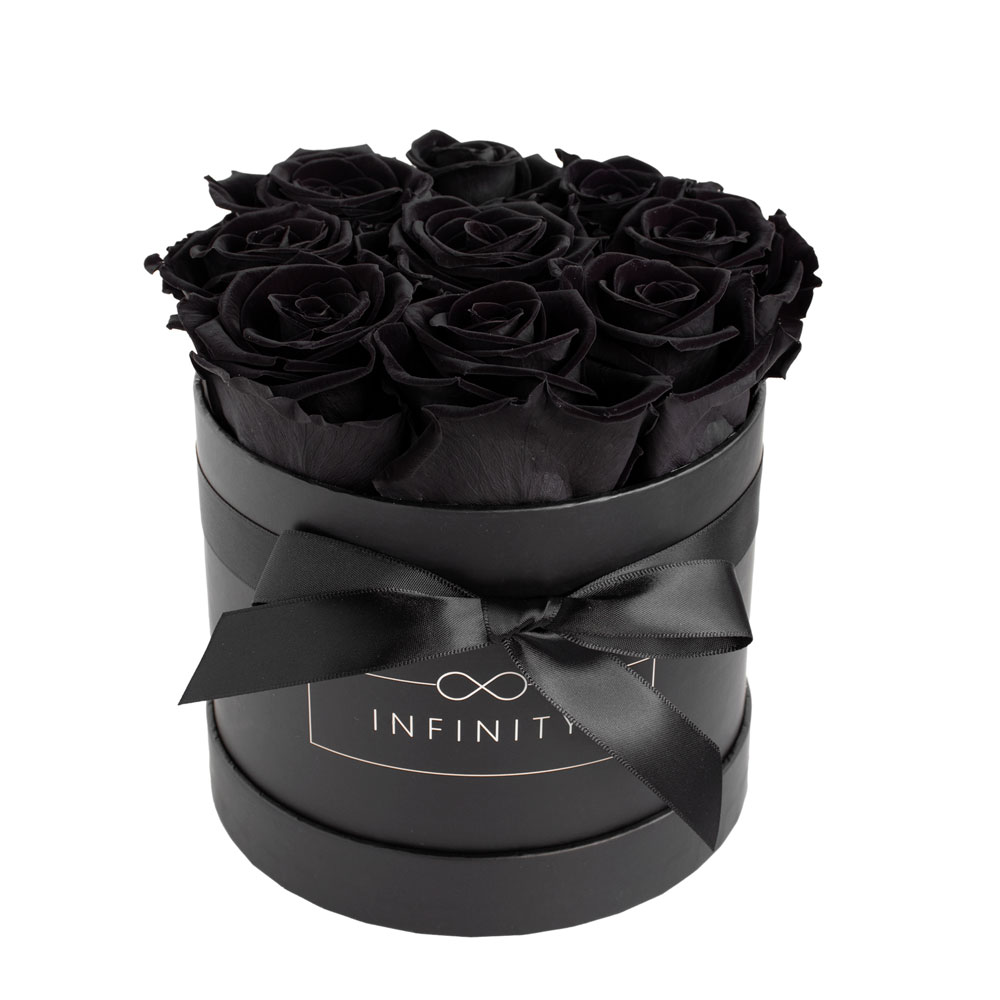 Infinity echte 9 haltbare schwarze Rosen in Box mit Schleife