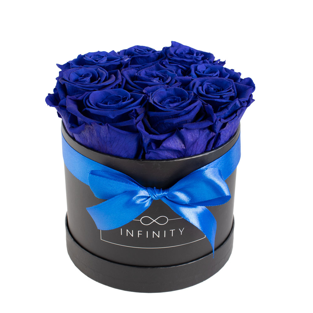 Infinity echte 9 haltbare blaue Rosen in Box mit Schleife