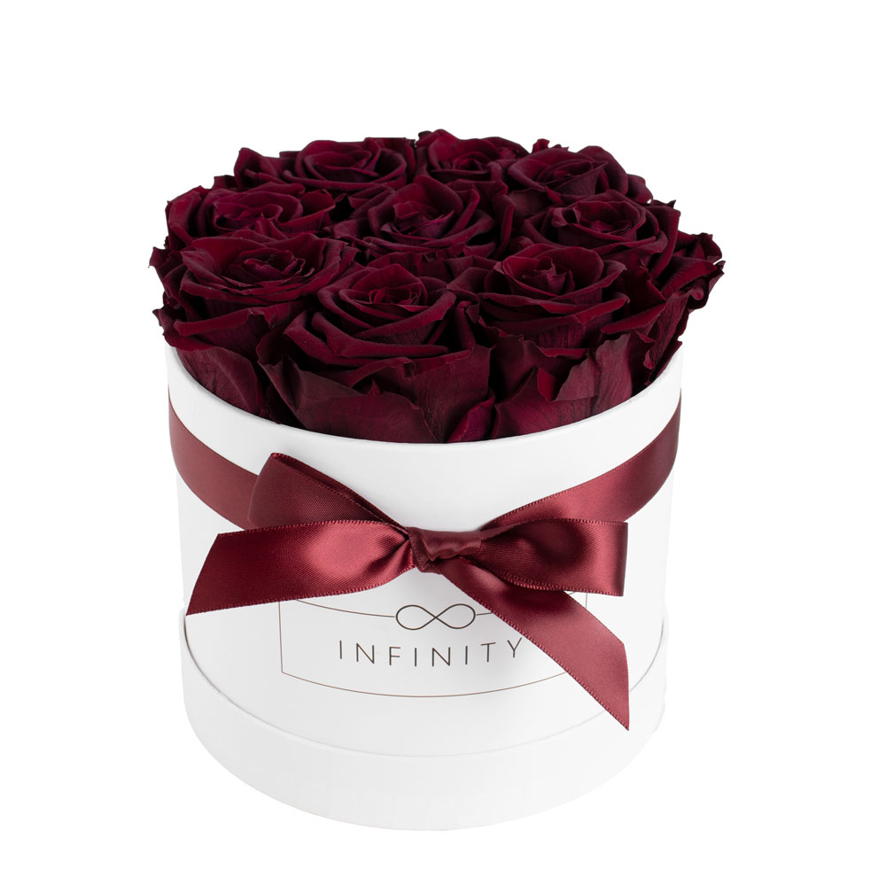Infinity echte 9 haltbare dunkelrote Rosen in Box mit Schleife