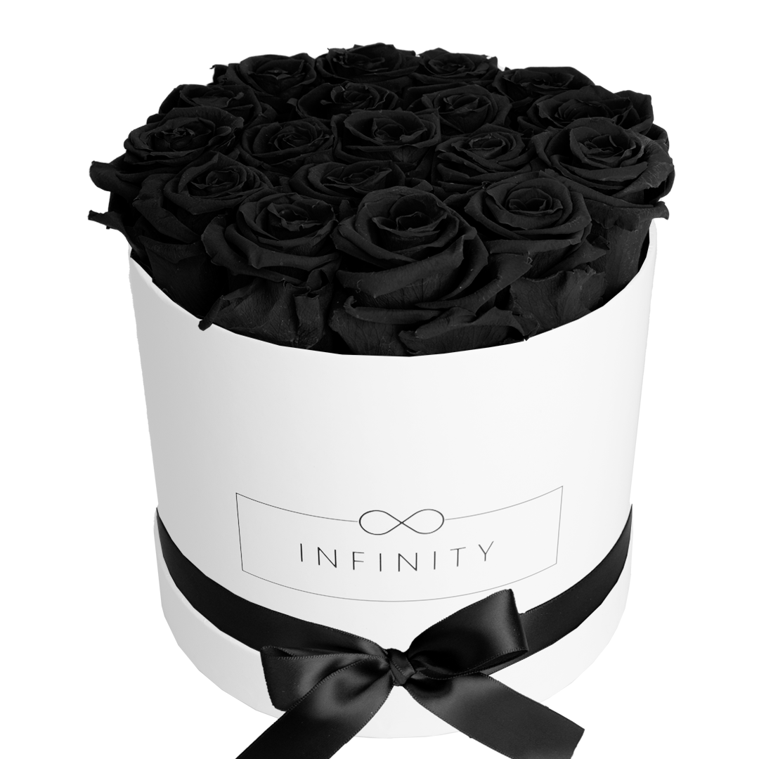 18 Schwarze haltbare Rosen in einer weißen Rosenbox