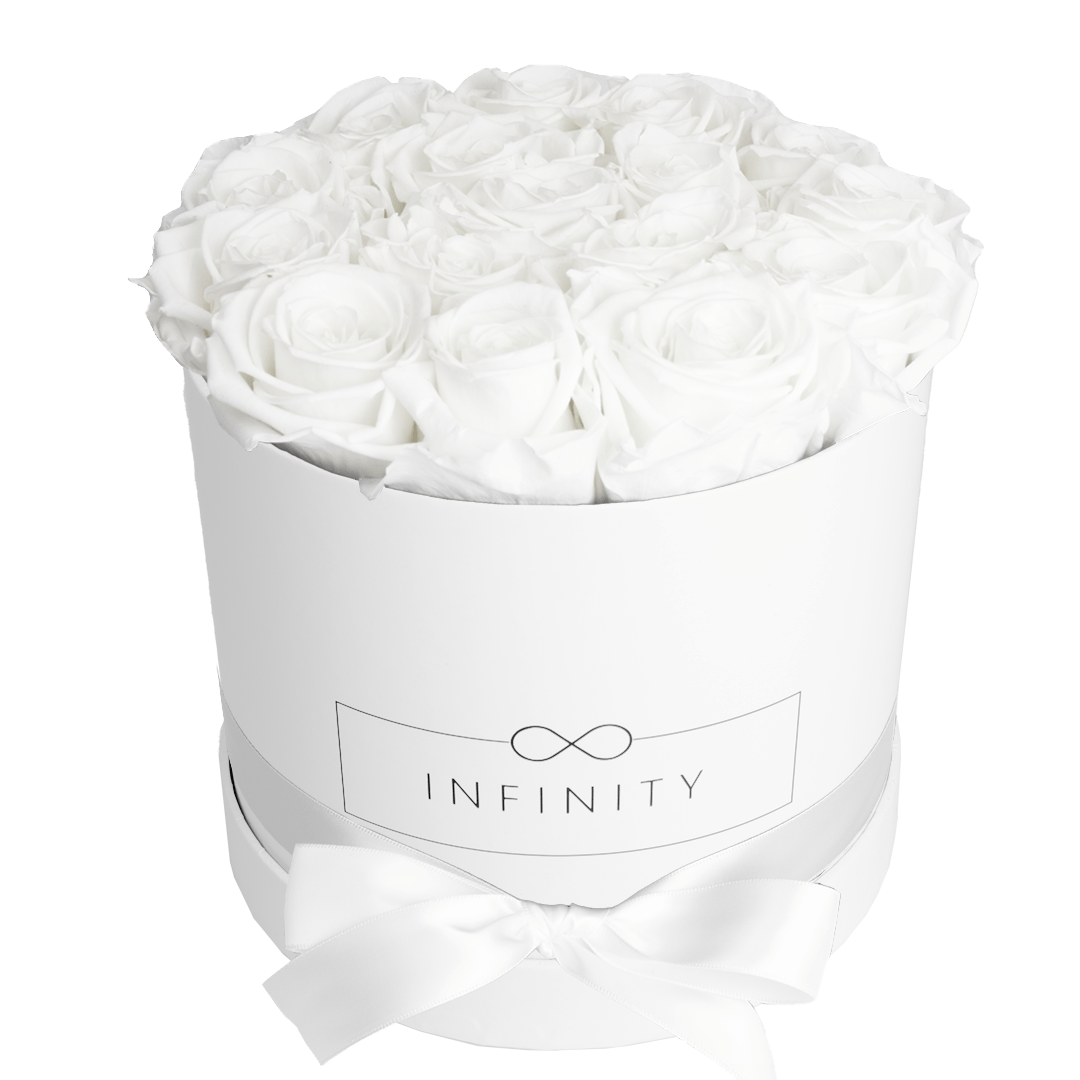 18 Weiße haltbare Rosen in einer weißen Rosen box