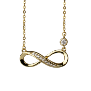 Halskette in Gold mit Infinity Logo und Steinen besetzt