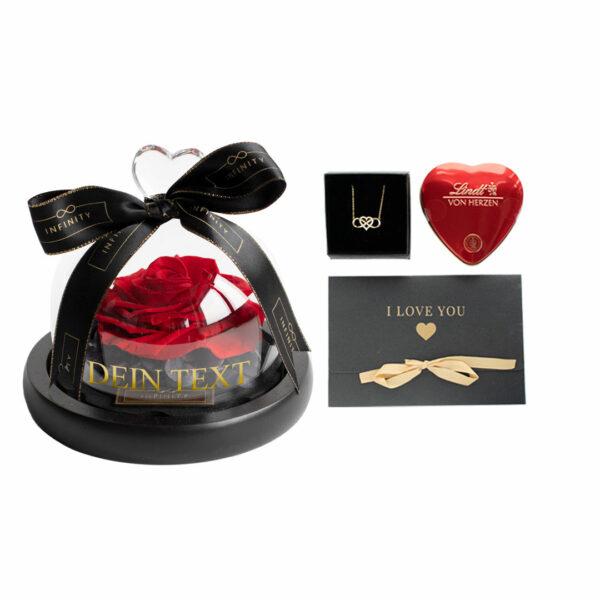 Rote Rose in Glasglocke Bell Infinity Geschenkset