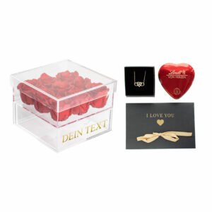 Geschenkset Acrylbox mit echten roten haltbaren Rosen und Schublade