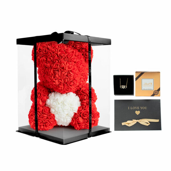 Geschenkset mit großem Rosenbär in rot mit Herz