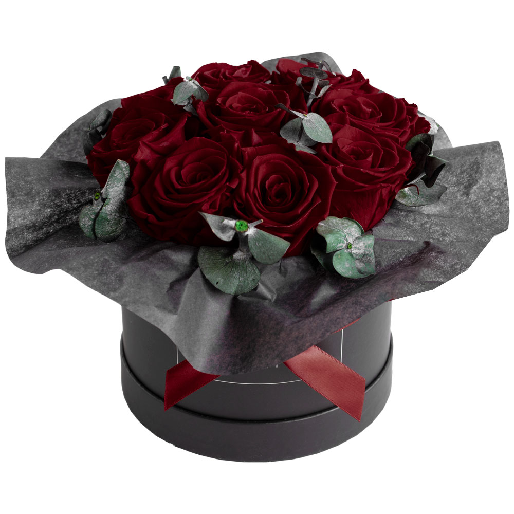 12-BB-BGeu Medium haltbarer Blumenstrauss mit dunkel roten Rosen und Eucalyptus