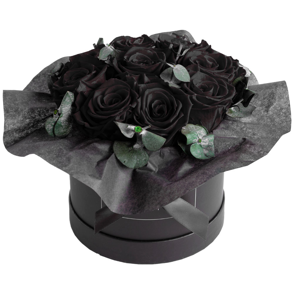 Medium haltbarer Blumenstrauss mit schwarzen Rosen und Eucalyptus