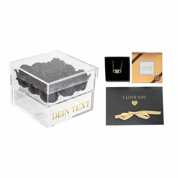 Geschenkset Acrylbox mit echten schwarz haltbaren Rosen und Schublade