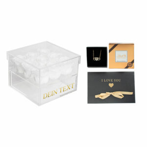 Geschenkset Acrylbox mit echten weißen haltbaren Rosen und Schublade