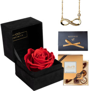 Geschenkset Rose in Klappschachtel Rot mit Grußkarte Halskette und Schokolade