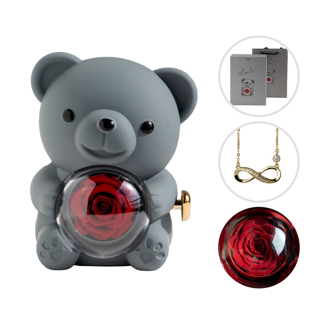 JewelRose Bear in Grey with Real Rose and Jewelry Compartment
